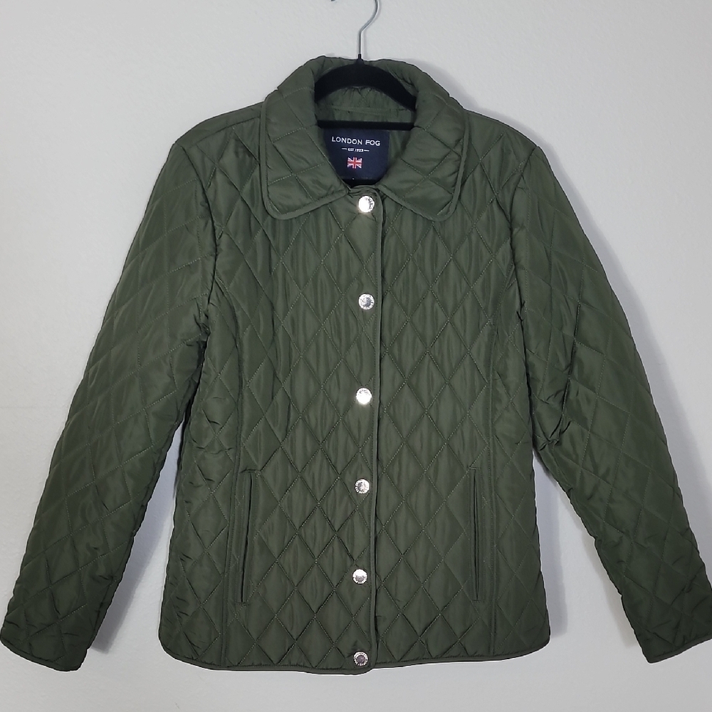 London Fog Womens Quilted Utility Jacket Size S Olive Green Snap Button Classic